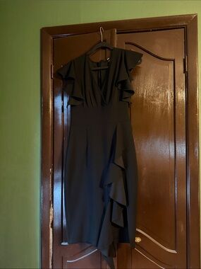 Asymmetrical Black Ruffle Midi Dress - Brand Unspecified